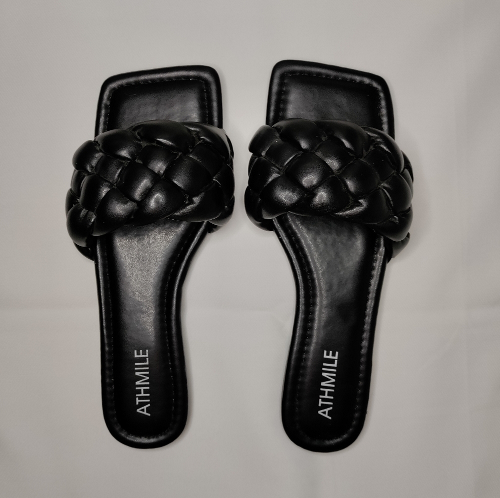 Athmile Black Braided Strap Square Toe Sandals Size 8